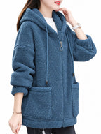 Blue fleece zip-up hoodie with hood, front zipper, and side pockets