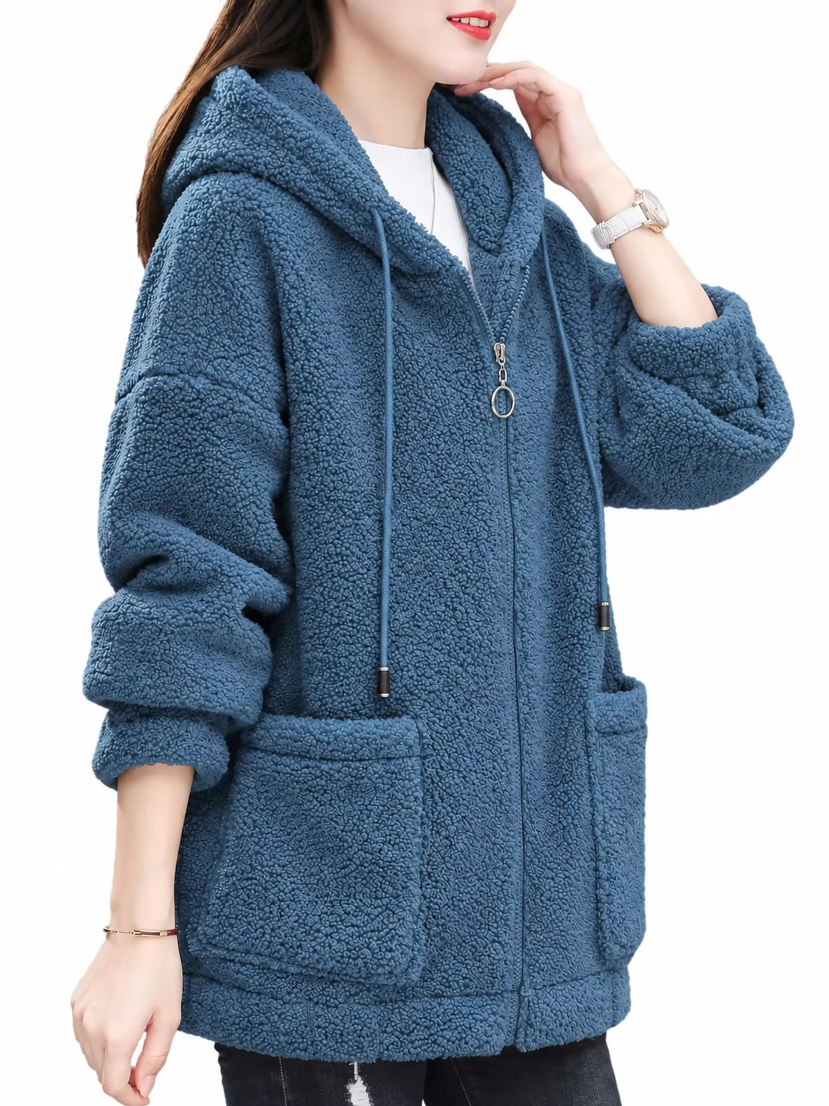 Blue fleece zip-up hoodie with hood, front zipper, and side pockets