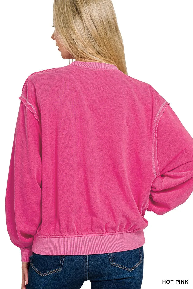 Zenana Soft Fleece Pigment Dye Round Neck Pullover
