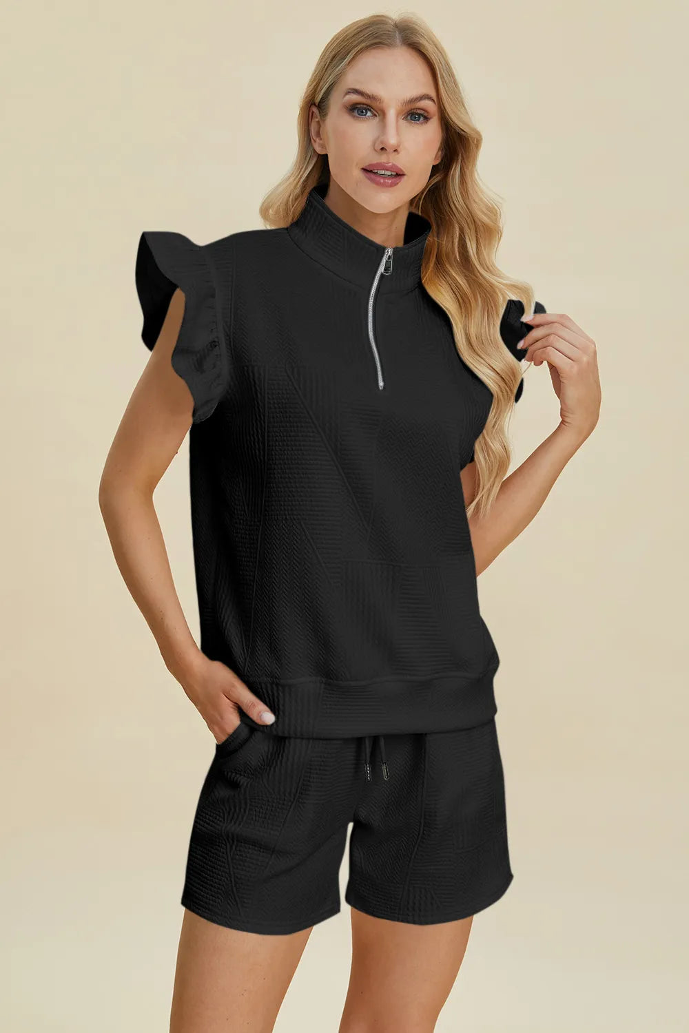 Textured Flounce Sleeve Top & Shorts Set – Stylish & Comfy 2-Piece