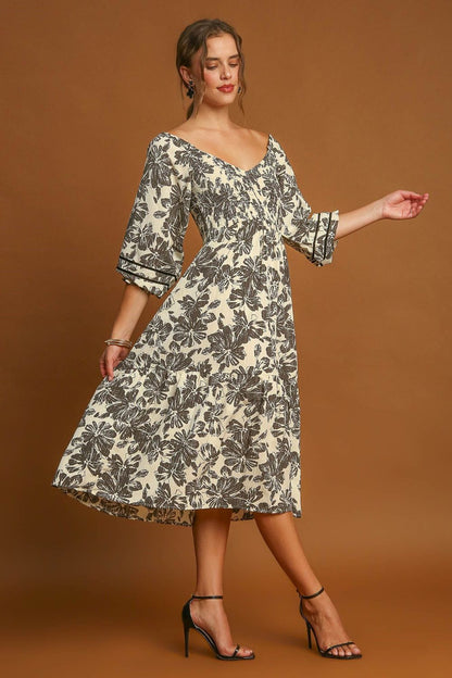 Umgee Ruffle Hem Flower Printed V Neck Dress