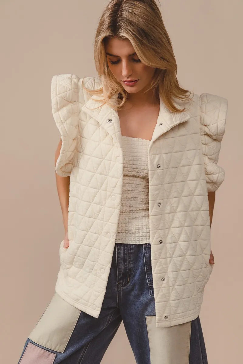 Cream Quilted Vest Coat – Diamond Pattern Button-Front Layering Piece