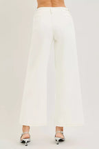 RISEN high-rise cream denim wide-leg ankle pants, back view with wide hem