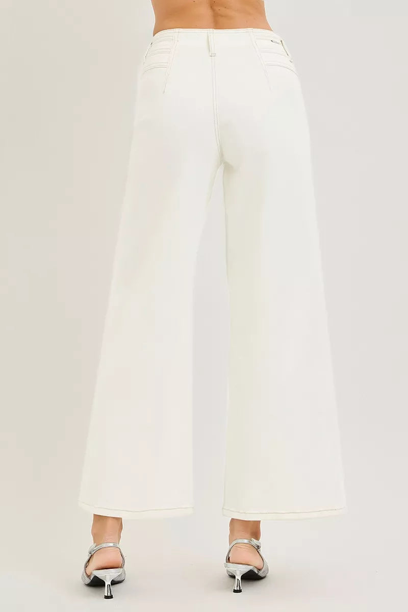RISEN high-rise cream denim wide-leg ankle pants, back view with wide hem