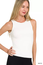 White double-layer rayon tank top with side tie detail at hem.