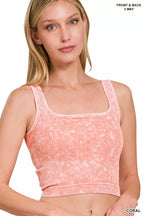 Women's coral 2-way washed ribbed seamless tank top, square neckline