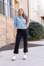 Black kick flare leggings with pockets, cropped flared hem