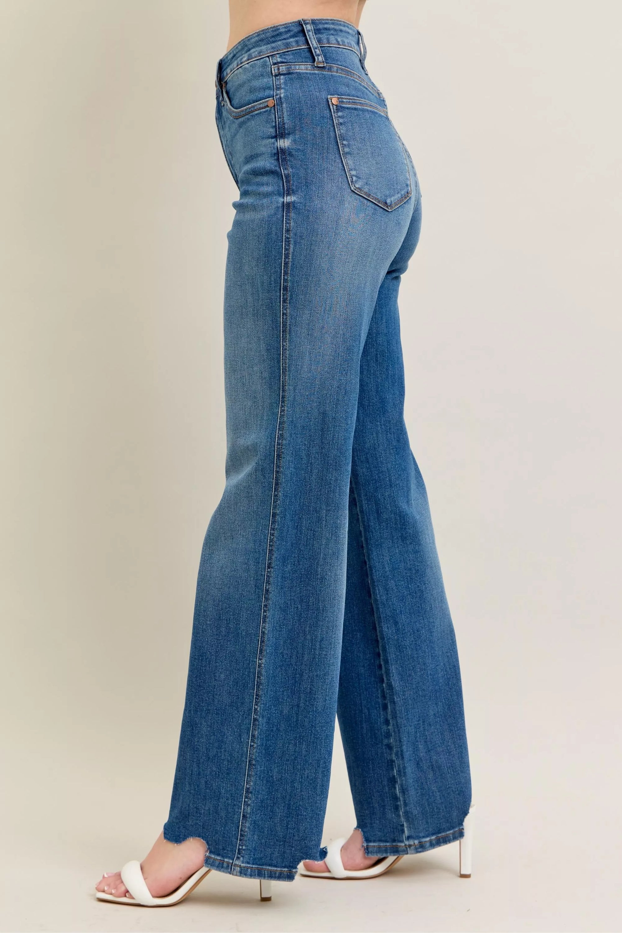Judy Blue High Waist Tummy Control Wide Jeans – Chew Hem Destroyed