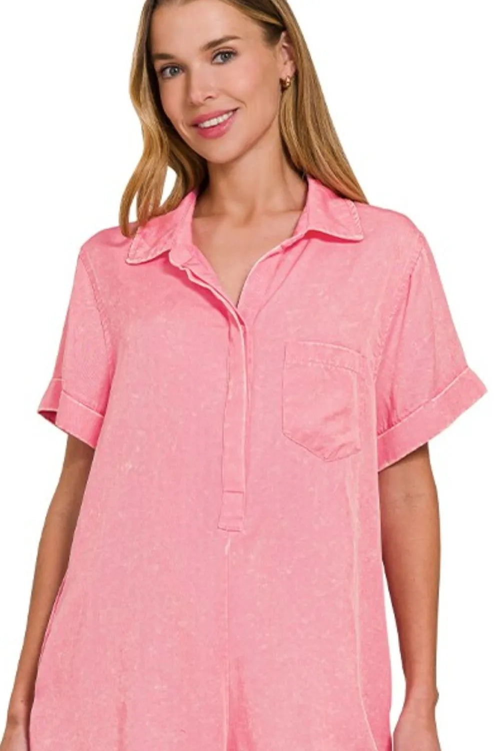 Tencel Mineral Washed Shirt Romper – Soft, Half-Button & Stylish