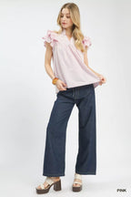 Pink ruffled-sleeve textured blouse with V neckline