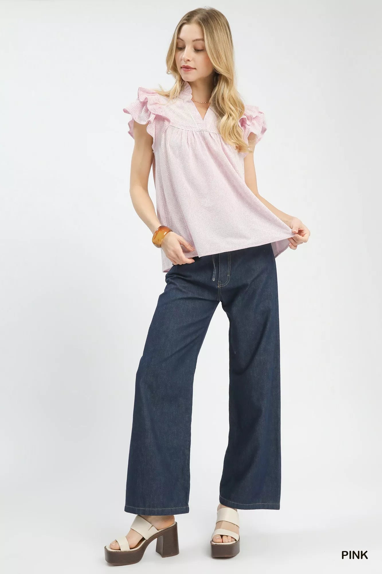 Pink ruffled-sleeve textured blouse with V neckline