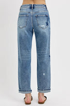 Dreamkue-Risen Women's Mid Rise Boyfriend Jeans with Star Shadow Detail and Cuffed Hem
