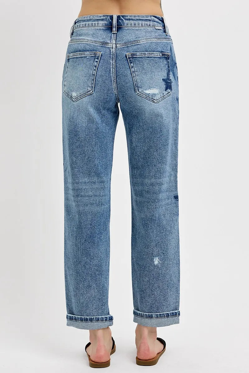 Dreamkue-Risen Women's Mid Rise Boyfriend Jeans with Star Shadow Detail and Cuffed Hem