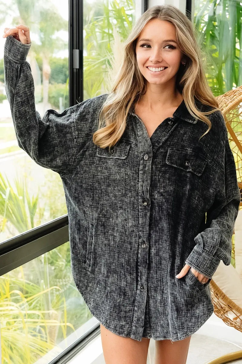 Oversized Distressed Denim Jacket – Vintage Wash & Raw Hem Style