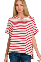 Ruby red and white striped round-neck tee with short sleeves, textured knit