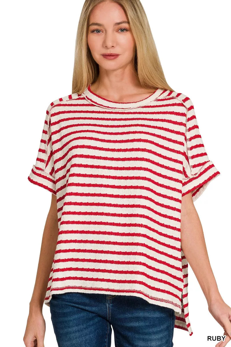 Ruby red and white striped round-neck tee with short sleeves, textured knit