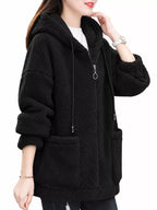 Black fleece zip-up hoodie with hood, front zipper, and roomy front pockets
