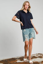 Patch Lace Short Sleeve Button Down Shirt – Chic & Feminine Top