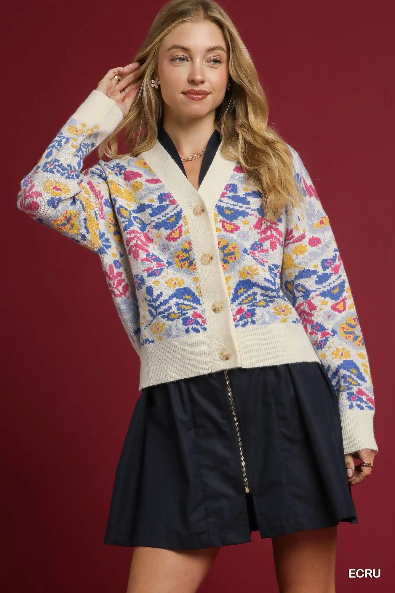 Floral Knit Button-Up Cardigan – Purple & Blue Botanical V-Neck