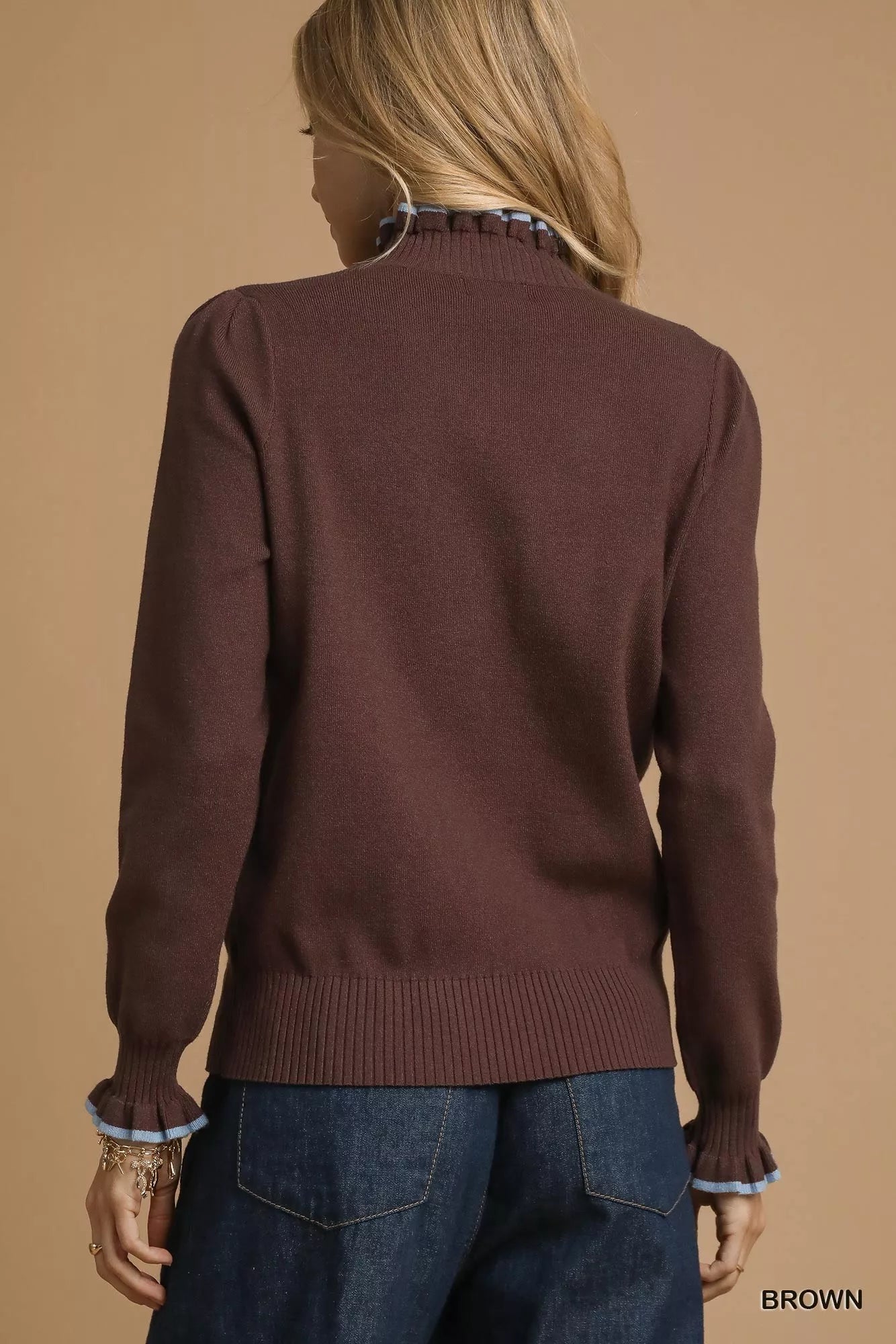 Ribbed Round Neck Sweater with Ruffle Trim – Feminine Winter Style