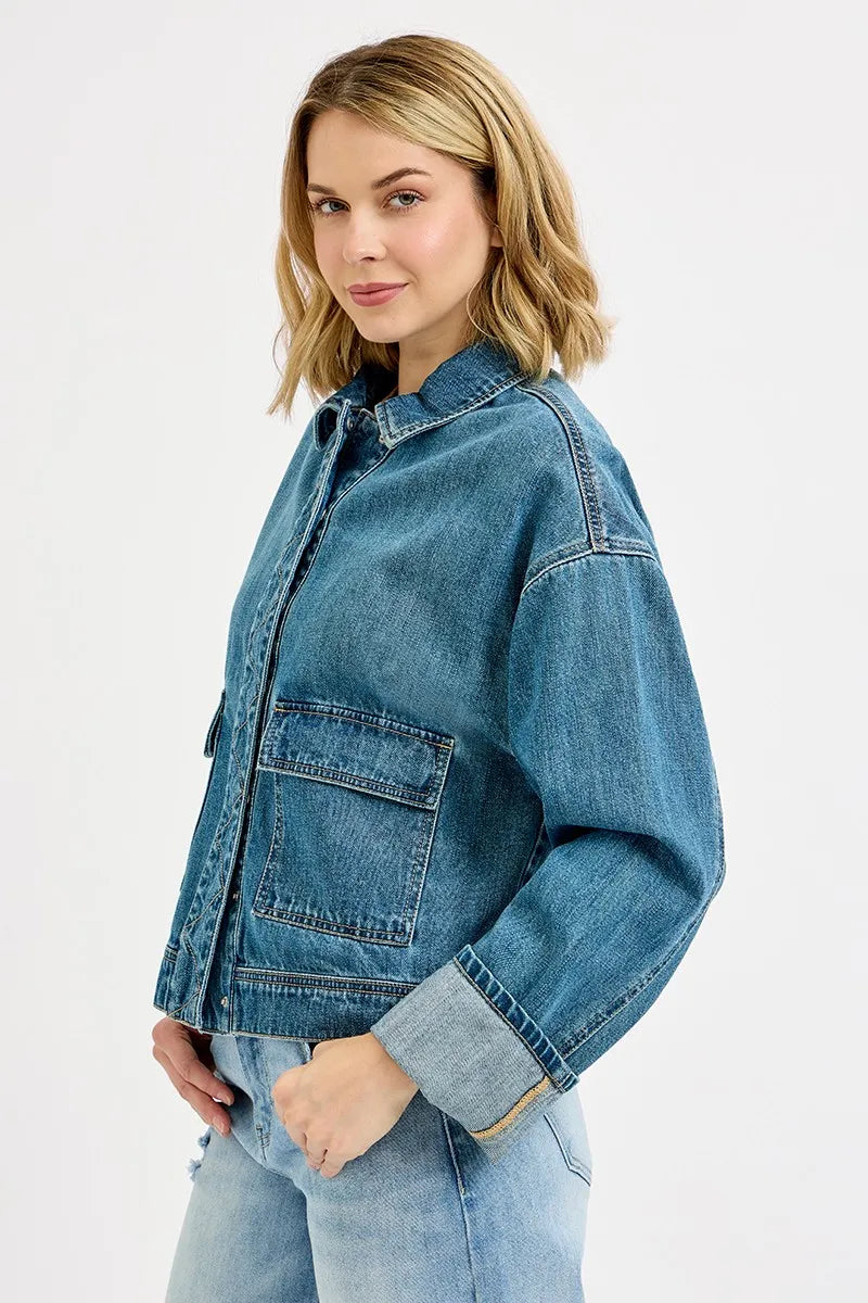 Oversized Blue Denim Jacket for Women | Vintage Wash Cotton Jean Jacket