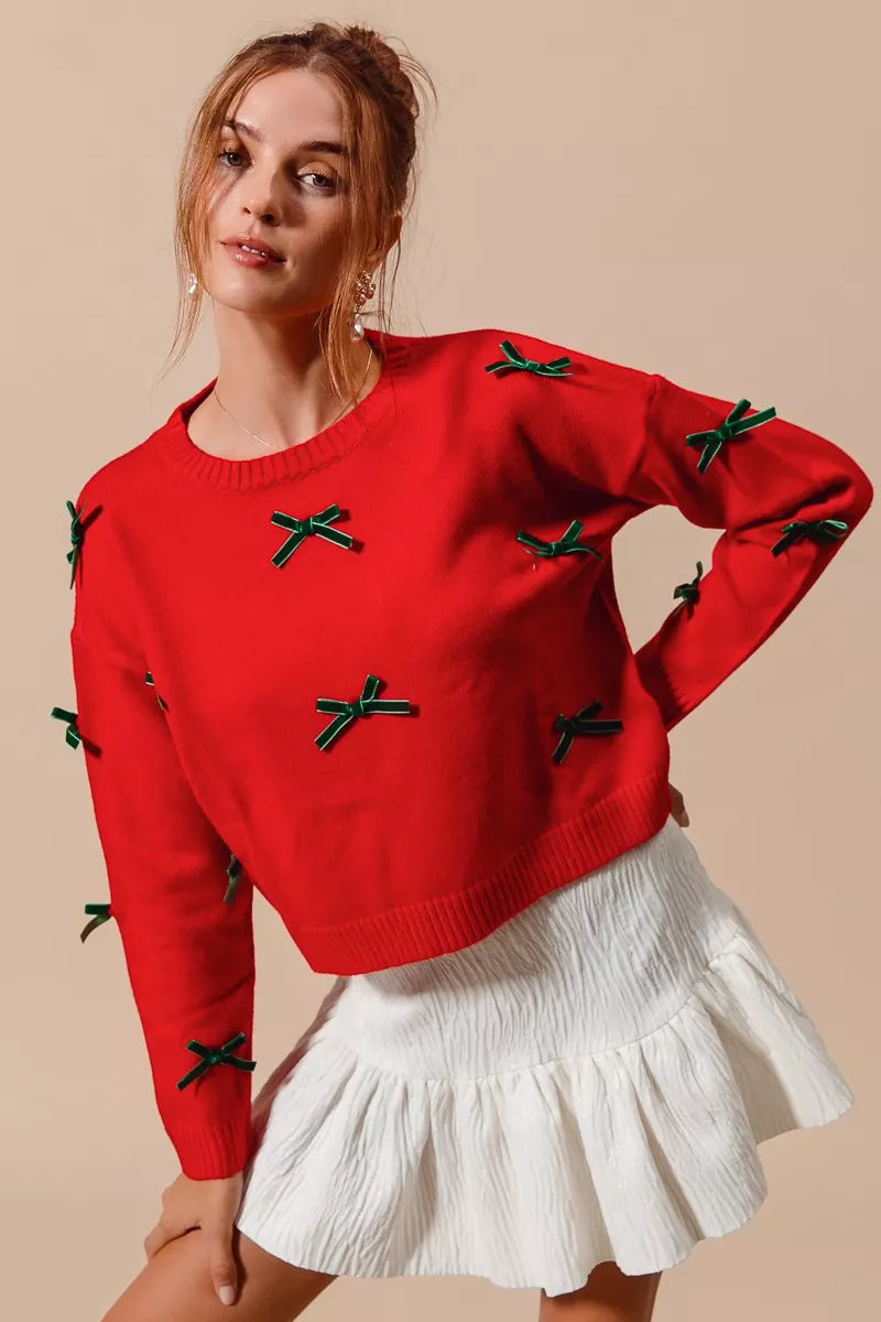 Ribbon Bow Applique Sweater – Feminine Cozy Winter Knitwear