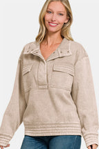 Zenana Acid Washed Half Snap Fleece Sweatshirt