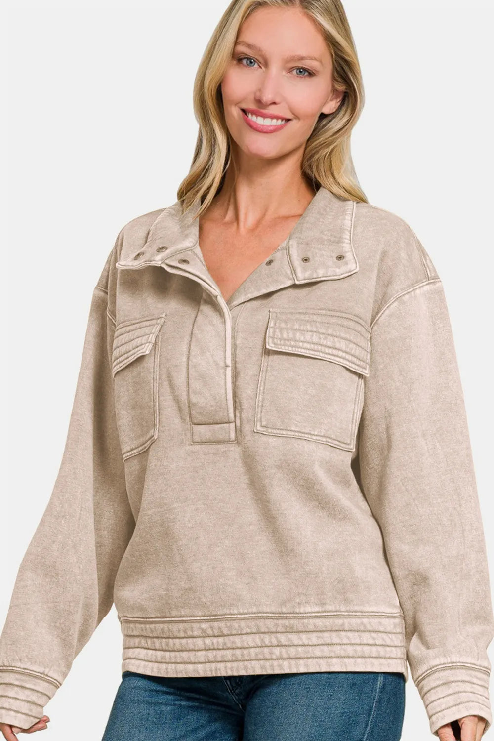 Acid Washed Half Snap Fleece Sweatshirt – Trendy Women’s Casual Pullover