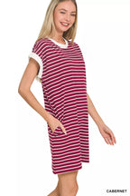 Striped t-shirt dress with contrast trim, crew neck, short sleeves, cabernet and white
