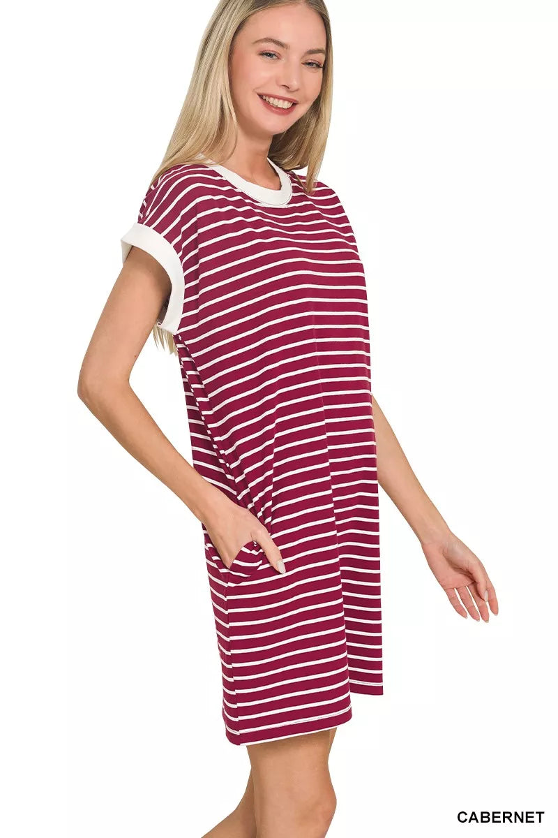 Striped t-shirt dress with contrast trim, crew neck, short sleeves, cabernet and white