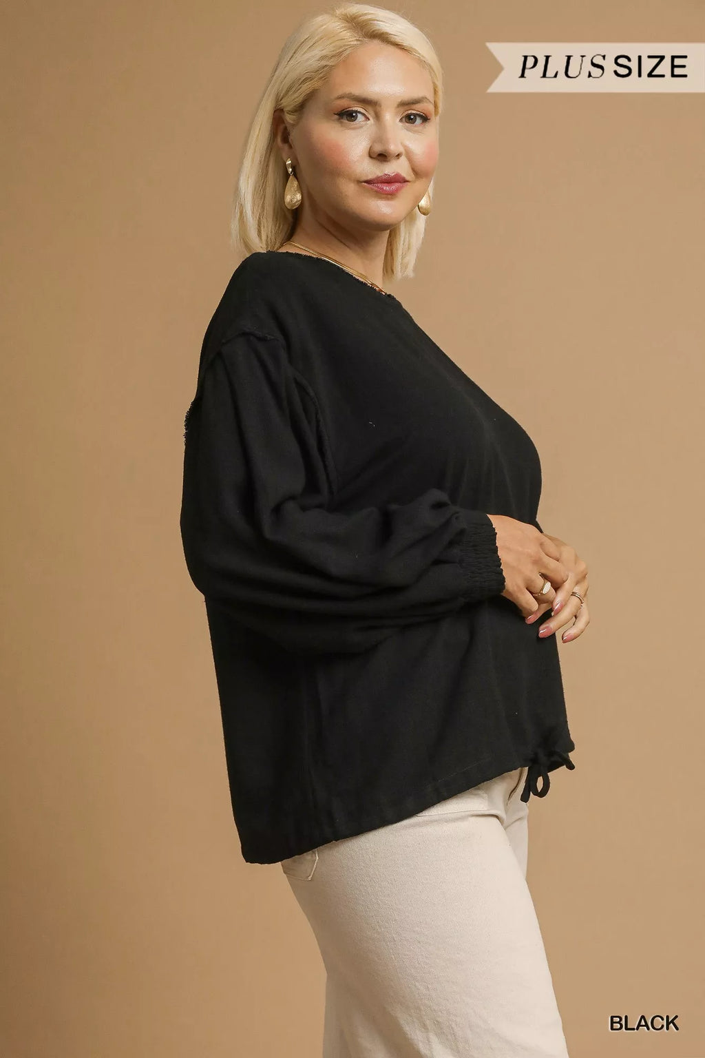 Linen Long Sleeve Top with Drawstring Detail Plus Women’s Versatile Shirt