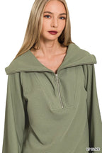 Olive Green Ribbed Knit Lounge Set – Half-Zip Hoodie & Palazzo Pants