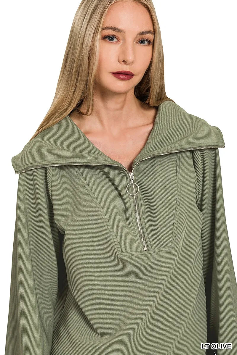 Olive Green Ribbed Knit Lounge Set – Half-Zip Hoodie & Palazzo Pants