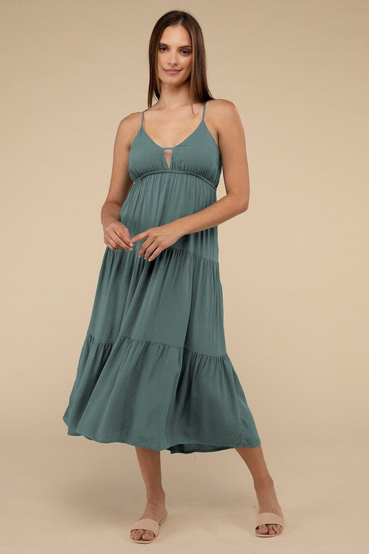 Zenana Woven Sweetheart Neckline Tiered Cami Midi Dress