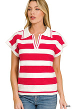 Red and white striped polo knit pullover with short sleeves and button placket