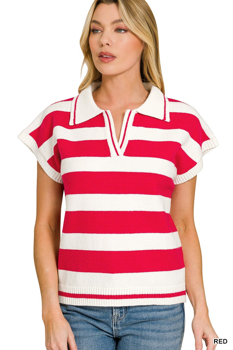 Red and white striped polo knit pullover with short sleeves and button placket