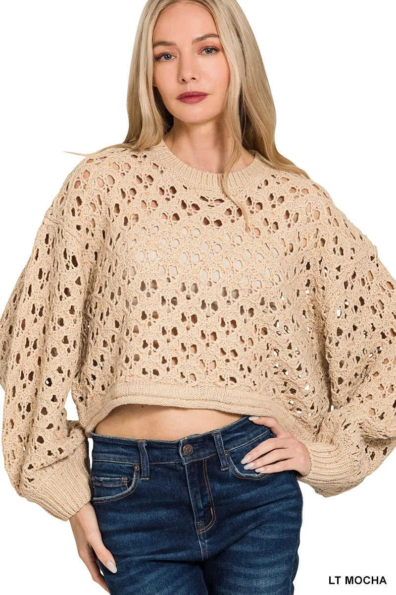 Oversized Cropped Crochet Knit Sweater – Boho Chic & Cozy Style