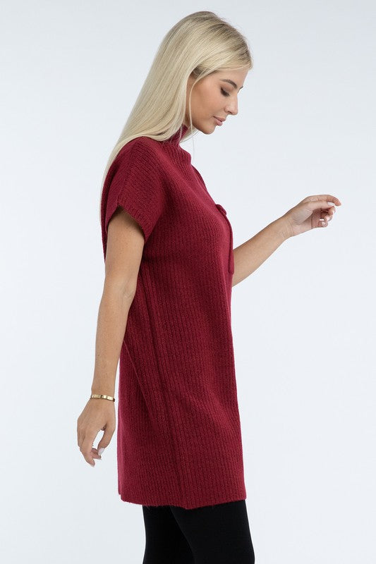 Zenana Mock Neck Short Sleeve Sweater Dress with Pocket