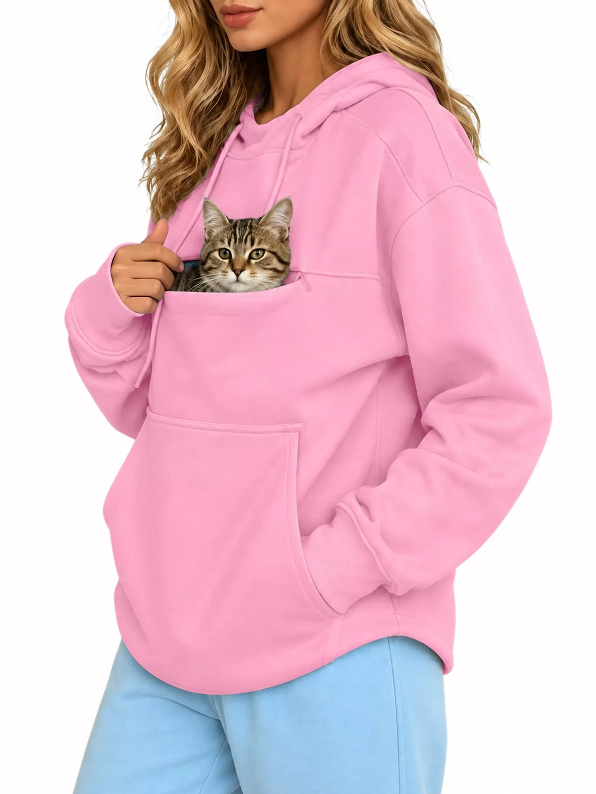 Pink cat pouch drawstring hoodie with visible cat face in front pouch