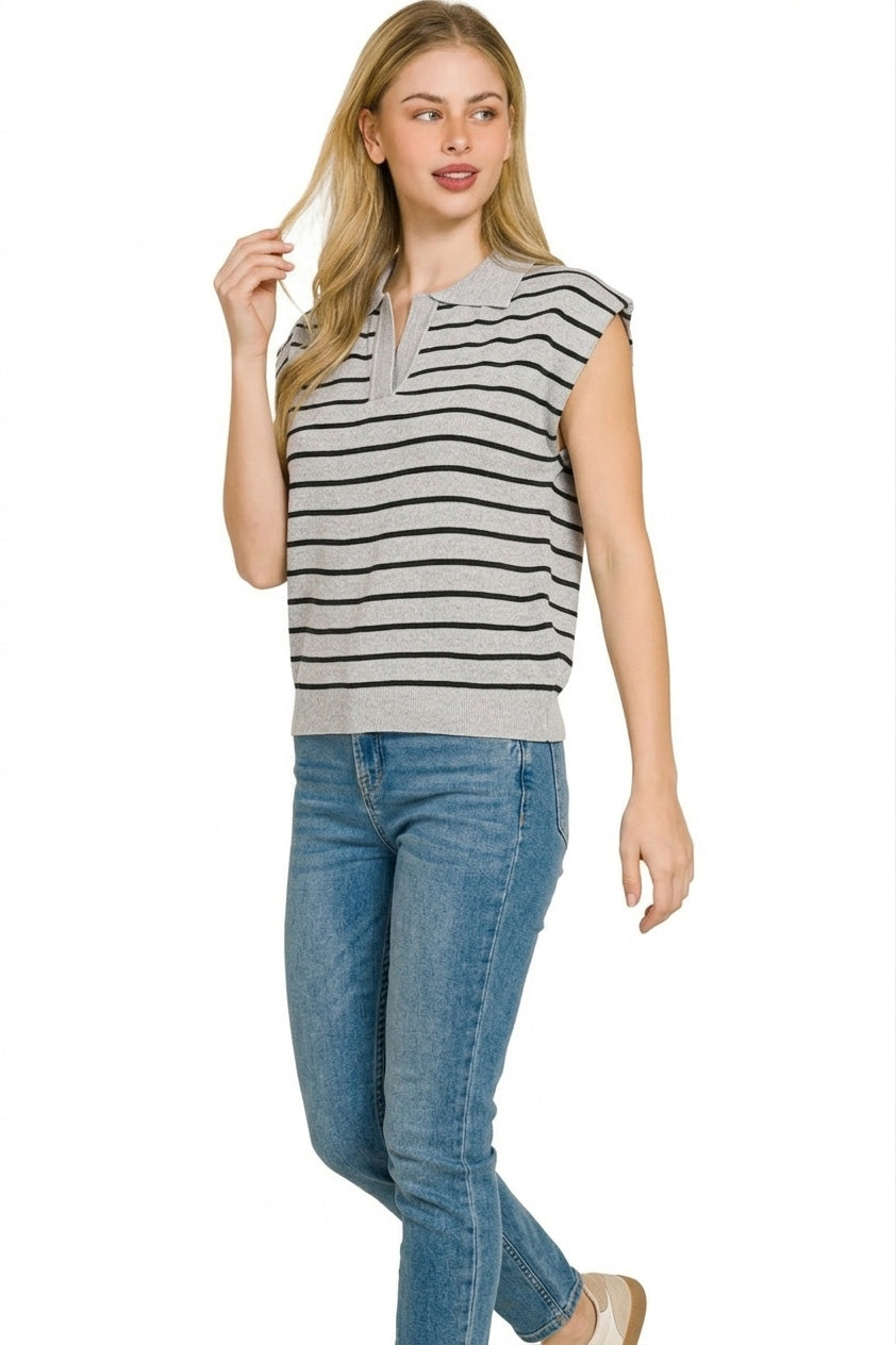 Striped polo-collar sweater vest, black and gray knit, short-sleeve tunic length