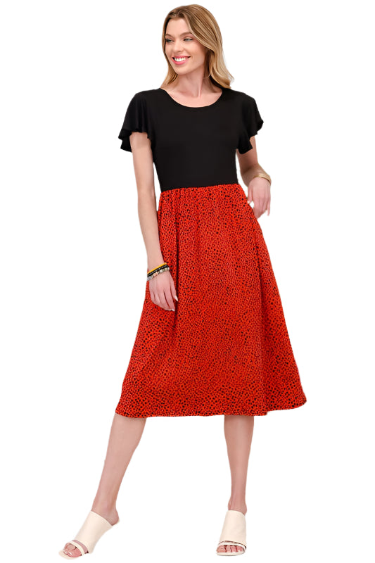 Celeste Two Tone Animal Print Flutter Sleeve Midi Dress