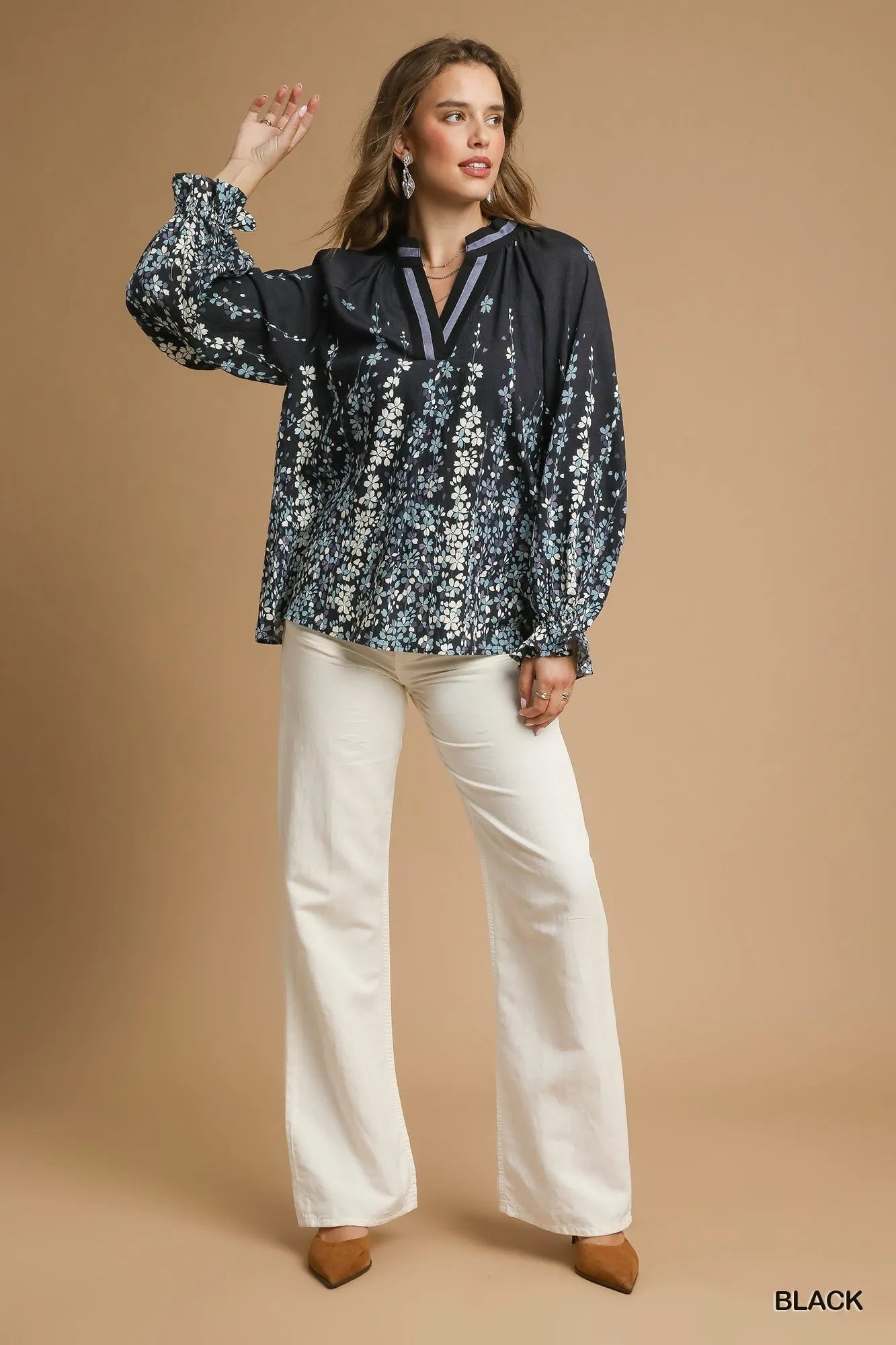 Floral Vine Print Blouse – Elegant Balloon Sleeve Feminine Top