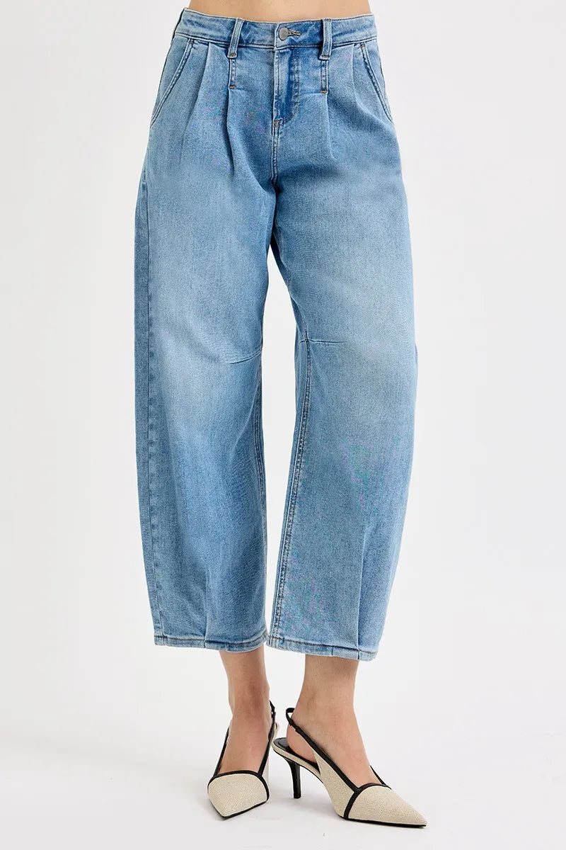 Mid Waist Wide Leg Pleated Jeans – Light Blue Vintage Crop Denim