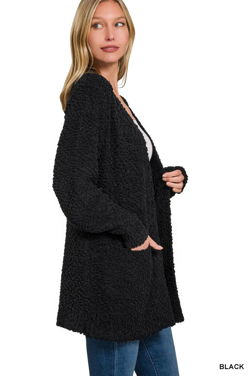Popcorn Sweater Cardigan with Pockets – Cozy Long Sleeve Layer