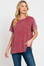 Cabernet vintage wash ribbed-cuff tee, crew neck with cuffed short sleeves
