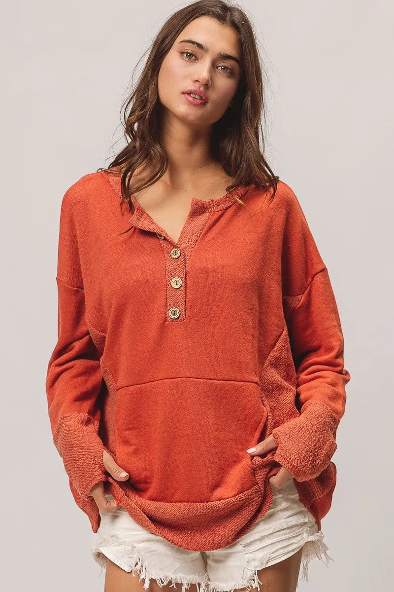 French Terry Henley Top with Side Block Detail & Button Accents