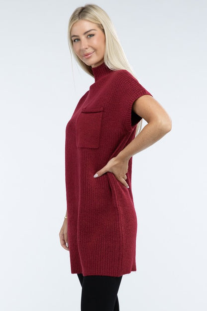 Zenana Mock Neck Short Sleeve Sweater Dress with Pocket