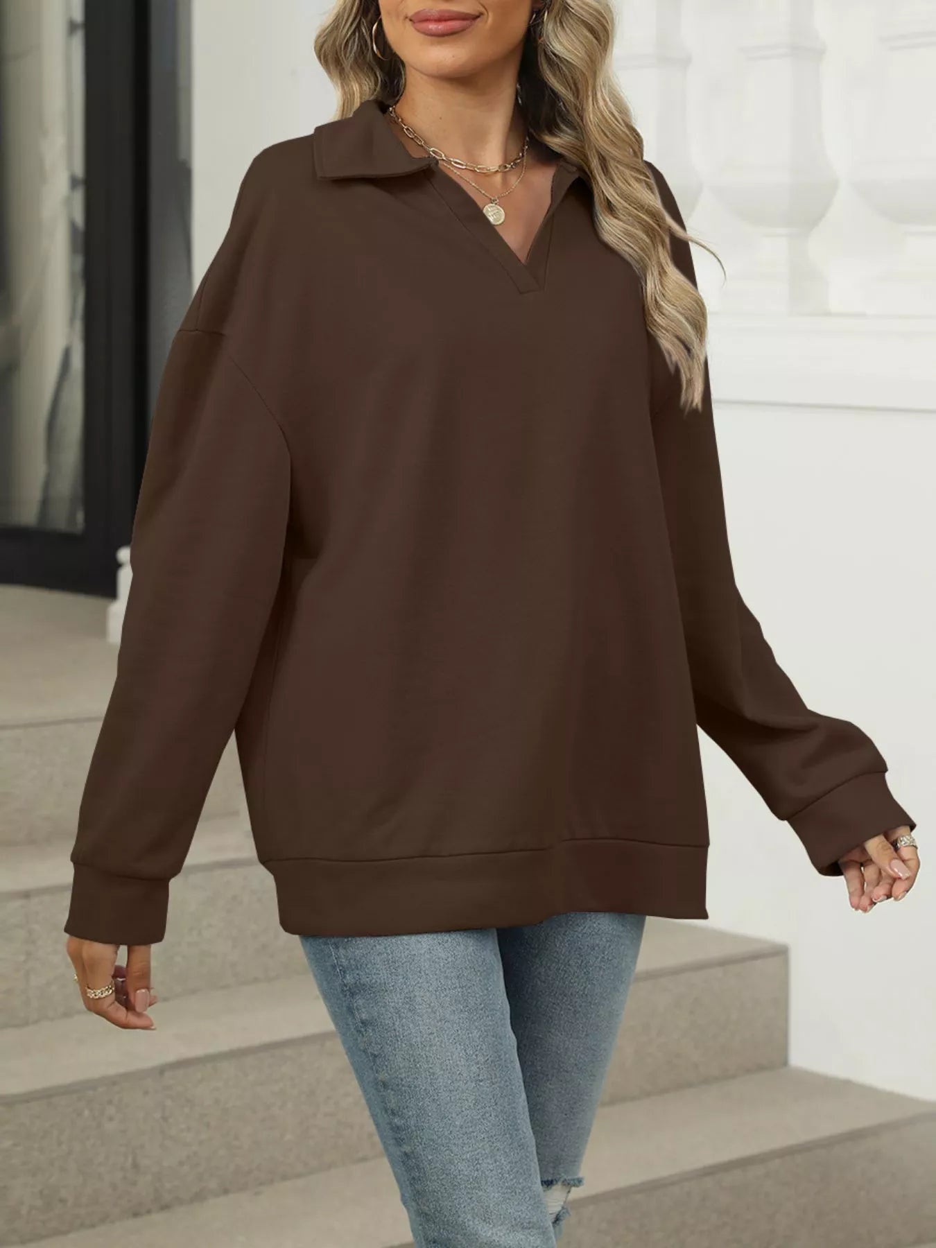 Johnny Collar Long Sleeve Sweatshirt – Casual Chic & Cozy
