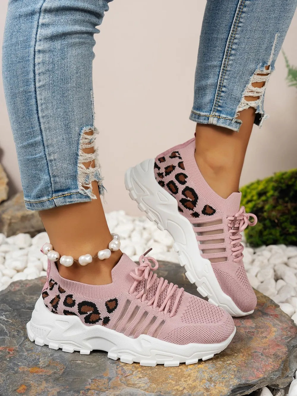 Cutout Leopard Lace-Up Mesh Athletic Sneakers – Sporty & Stylish