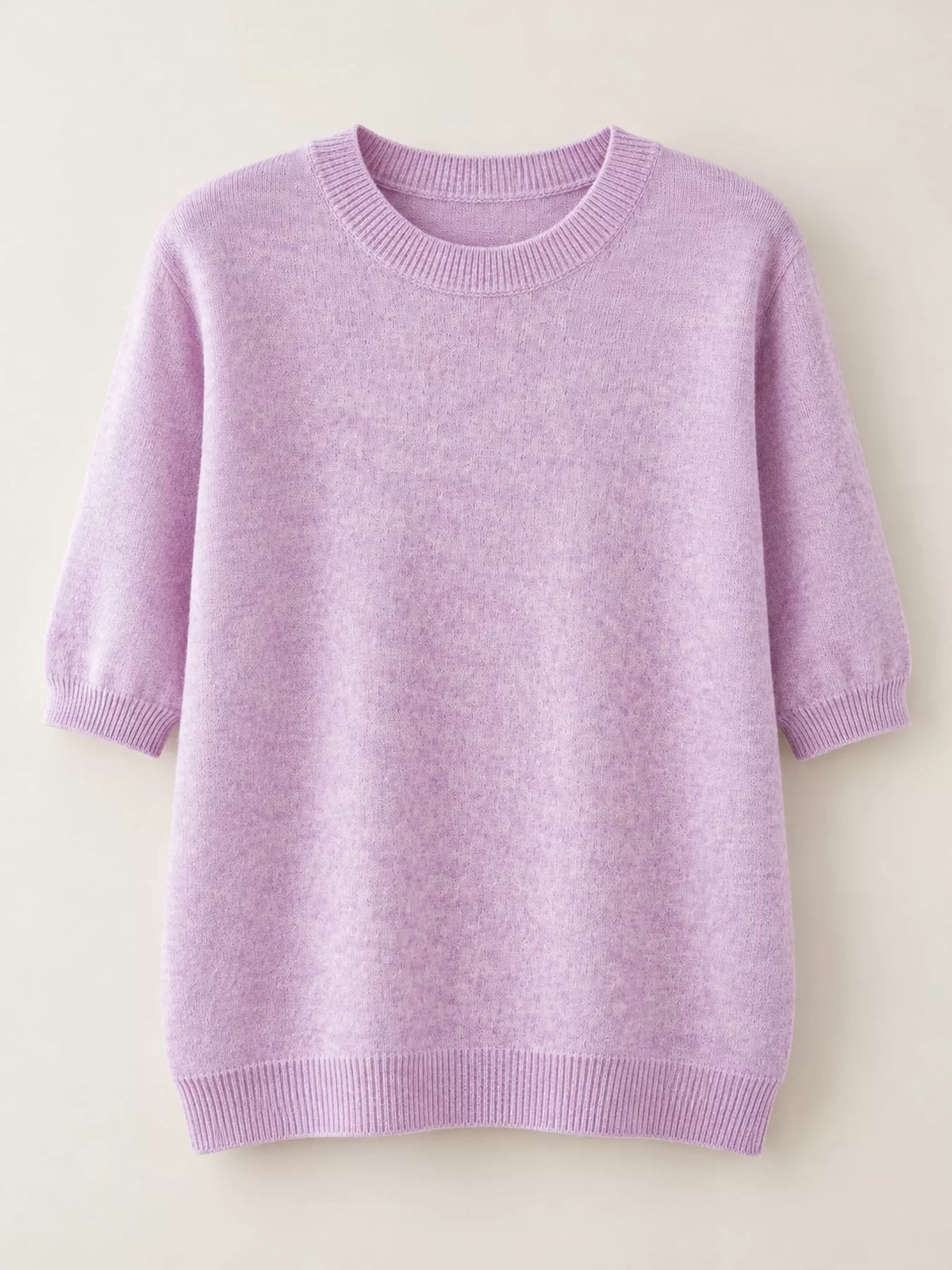 Lavender round-neck short-sleeve knit sweater with ribbed crew neckline and cuffs